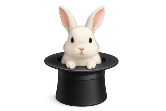 White rabbit emerging from magician top hat on transparent background