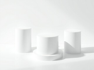 Three minimalist white cylinders on a white background with soft shadows