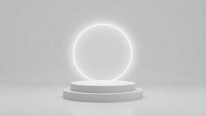 Minimalist white podium with glowing oval neon light in studio