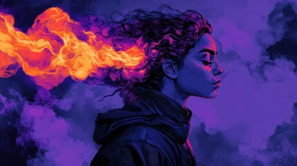 Surreal Portrait of a Woman with Flames and Bold Colors