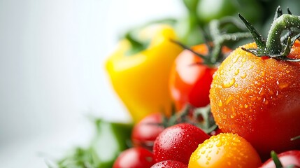 Fresh Tomatoes, Yellow Bell Pepper, and Green Leaves with Water Droplets CloseUp