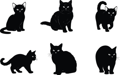 Vector illustration of six black cats in various poses and fur styles, sitting, walking, playful, domestic pets, feline animal silhouettes