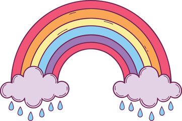 Vibrant hand drawn rainbow with fluffy clouds and falling raindrops on a white background