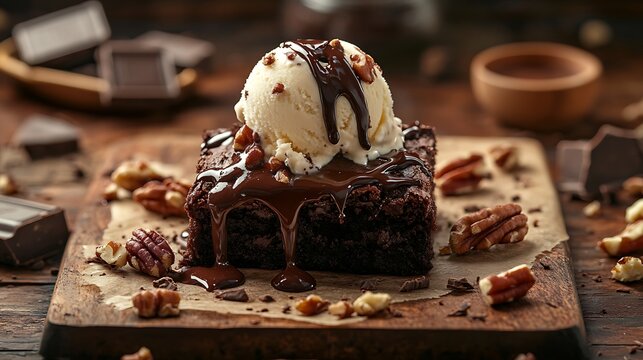 Fudge Brownie with Vanilla Ice Cream, Chocolate Syrup, Walnuts on a Wooden Cutting Board