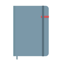 A closed vector illustration of a minimalist blue notebook or journal with a matching elastic closure band and a red bookmark on a white background.
