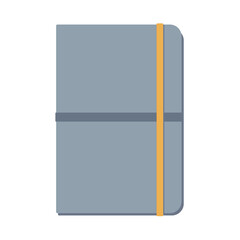 A closed vector illustration of a minimalist gray notebook or journal with a contrasting orange elastic band and a horizontal closure on a white background.