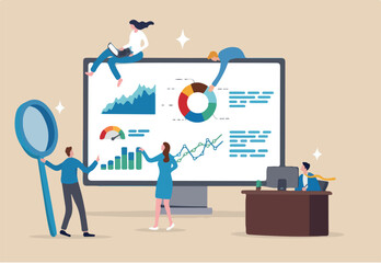 Chart and graph, datum research statistics, inforgraphic financial review, project planning diagram, business information analysis, business people help analyze data on computer monitor dashboard.