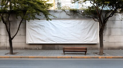 Obraz premium Blank White Billboard Mockup on Concrete Wall with Bench and Tree Shadow