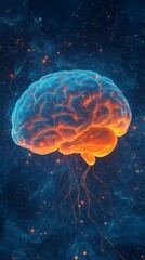 Naklejka premium Glowing Human Brain Illustration Neural Network, Orange Light, Blue Background, Artificial Intelligence