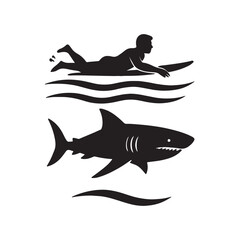 surfer padding as a shark lurks beneath, silhouette vector illustration
