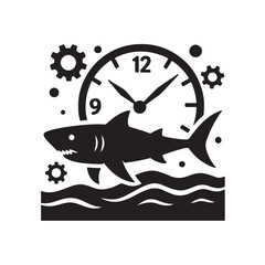 Time traveling shark with clock parts floating, silhouette vector illustration