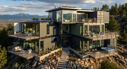 Fototapeta premium Modern Mountain Home Built with Shipping Containers A Sustainable and Innovative Design