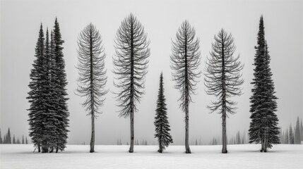 Obraz premium Winter landscape with snow-covered trees tranquil setting black and white photography nature aerial view minimalist concept