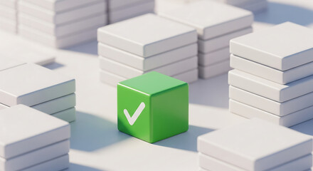 Fototapeta premium Green cube with white checkmark surrounded by stacked white cubes on smooth surface