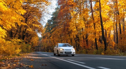 Obraz premium White car gliding along an asphalt road, surrounded by a stunning autumn forest filled with vibrant golden foliage and colorful leaves