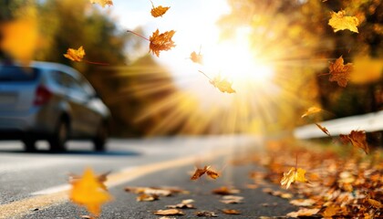 Golden maple leaves falling on asphalt road during sunny autumn day with car driving on blurred background