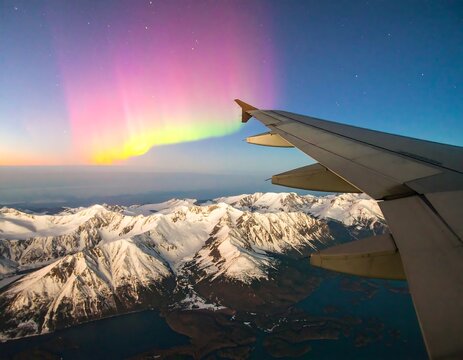 Aerial view of aurora borealis over mountains