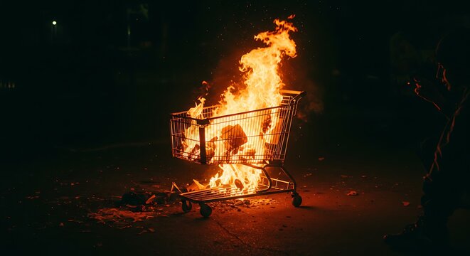 Shopping Cart Engulfed in Flames at Night