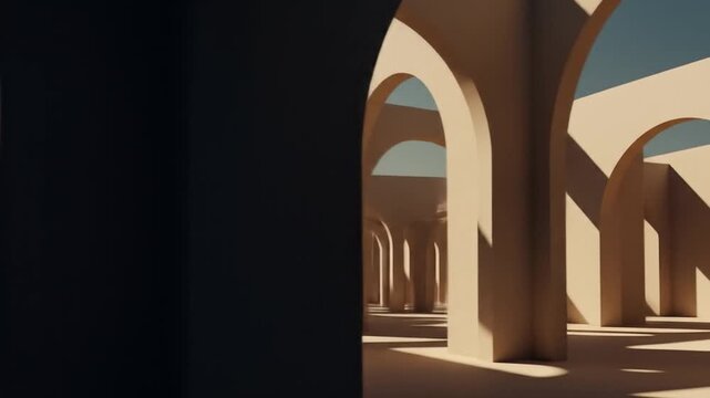 Abstract architectural scene with arched structures and soft shadows under a clear blue sky