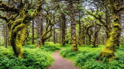 Naklejka premium Winding path through enchanted forest oregon nature landscape lush greenery serene viewpoint tranquility unveiled