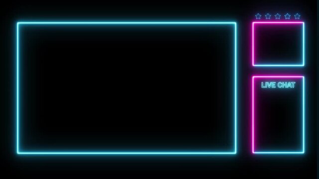 Glowing neon square frame icon animation. Neon Sign looping facecam and chat for live streaming ,Frame border HUD element, Neon light frame rectangle frame icon on a background.