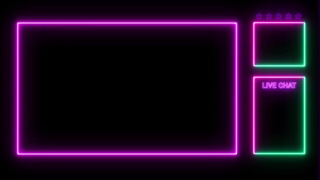 Glowing neon square frame icon animation. Neon Sign looping facecam and chat for live streaming ,Frame border HUD element, Neon light frame rectangle frame icon on a background.