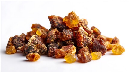 Heap of Omani Frankincense Resin Pieces Amber Tones and Rich Textures Isolated on White