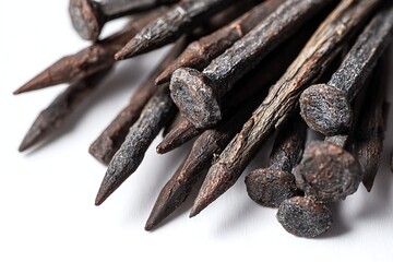 Heap of Oxidized Iron Nails on White Surface, Detailed CloseUp View, Metal Material