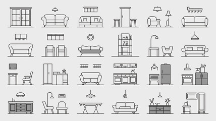 Diverse collection of modern furniture icons, perfect for interior design projects and creating stylish living spaces.