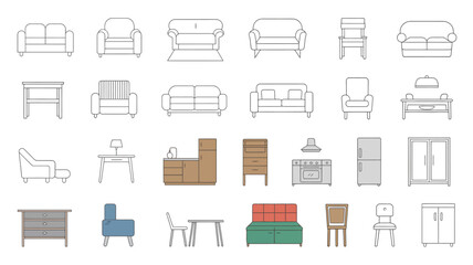 Discover stylish modern furniture icons for interior design projects and home decor inspiration, perfect for web and print.