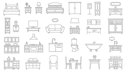 Charming collection of modern line art illustrations depicting various home furnishings and furniture for interior design projects.