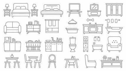 Stylish modern furniture icons collection for interior design projects, creating beautiful home spaces effortlessly and inspiring creativity.