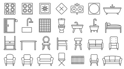 Essential home furnishings and fixtures collection, modern line art icons for interior design and renovation projects.