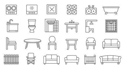 Discover essential home icons for modern interior design and renovation projects, featuring furniture, kitchen, and bathroom elements.