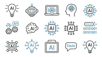 Explore the future of AI with innovative icons including brains, robots, circuits, and binary code, symbolizing technology and intelligence.