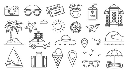 Capture your dream vacation adventures with these charming travel icons, perfect for planning, scrapbooking, or designing travel guides.