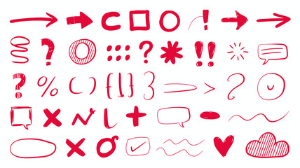 Dynamic collection of hand-drawn red icons and symbols for creative projects, presentations, and design elements.