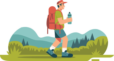 Hiker with Backpack and Water Bottle in Nature