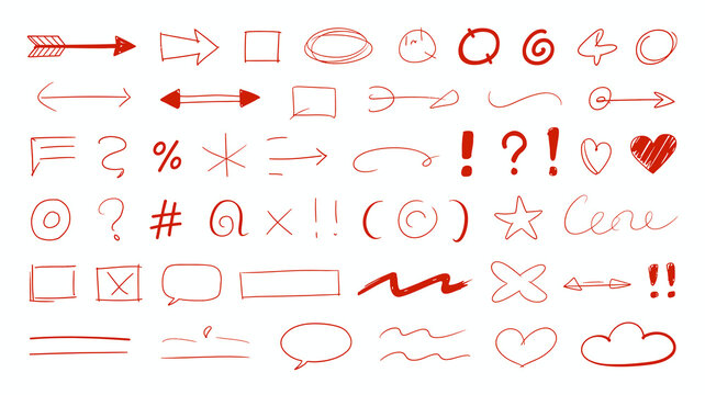 Hand-drawn red icons and symbols collection featuring arrows, shapes, hearts, and punctuation for creative design projects