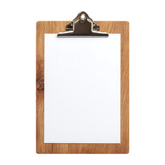 Wooden clipboard with blank white paper isolated on transparent background.