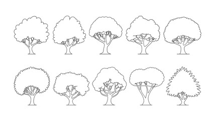 Ten diverse line art trees, perfect for design projects, illustrating nature, or adding botanical elements to your creative work.
