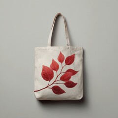 Beige tote bag with a vibrant red leaf branch design