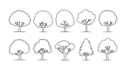 Charming collection of simple line art trees, perfect for nature designs, educational materials, and creative projects.