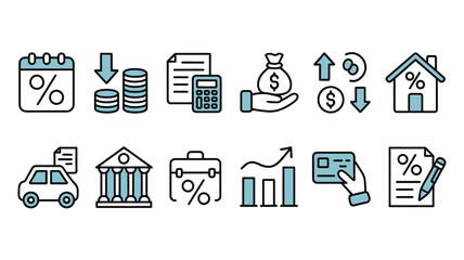 Modern finance icons illustrate concepts like loans, banking, investments, and savings for business and personal growth.