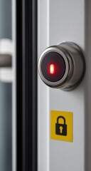 Close-up of a red LED button on a train door, next to a lock symbol