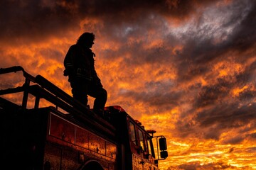 Firefighter stands tall against dramatic sunset, ready for battle. Emergency tech. Firefighting helicopters proposed in response to philippines fire crisis. Innovative rescue. Intense rescue.