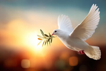 White dove soaring at sunset, carrying an olive branch, embodies symbols of peace and hope, inspiring feelings of freedom and tranquility
