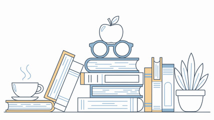 Charming illustration of stacked books with a steaming coffee cup, eyeglasses, an apple, and a potted plant, evoking education and relaxation.