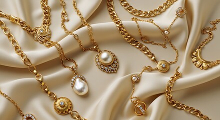 Luxurious Gold and Pearl Jewelry on a Soft Silk Fabric Background