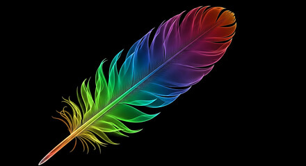 A vibrant, multicolored feather with a gradient of colors from yellow and green to blue, purple, and red, set against a stark black background.